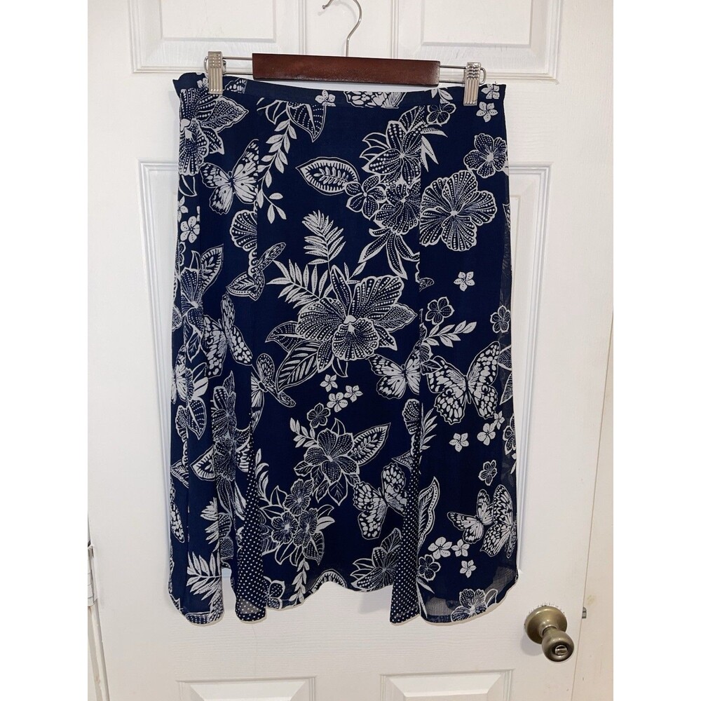 Vintage Alfred Dunner Navy Tropical Floral Skirt Polka Dot Pleat Inserts Size 14